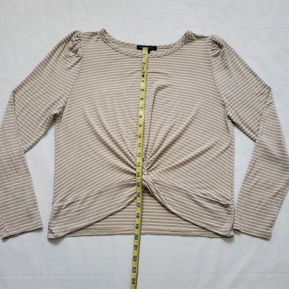 Haute Monde Women's White Striped Twisted Front Hem Long Sleeve Shirt Tan Large - Picture 10 of 10